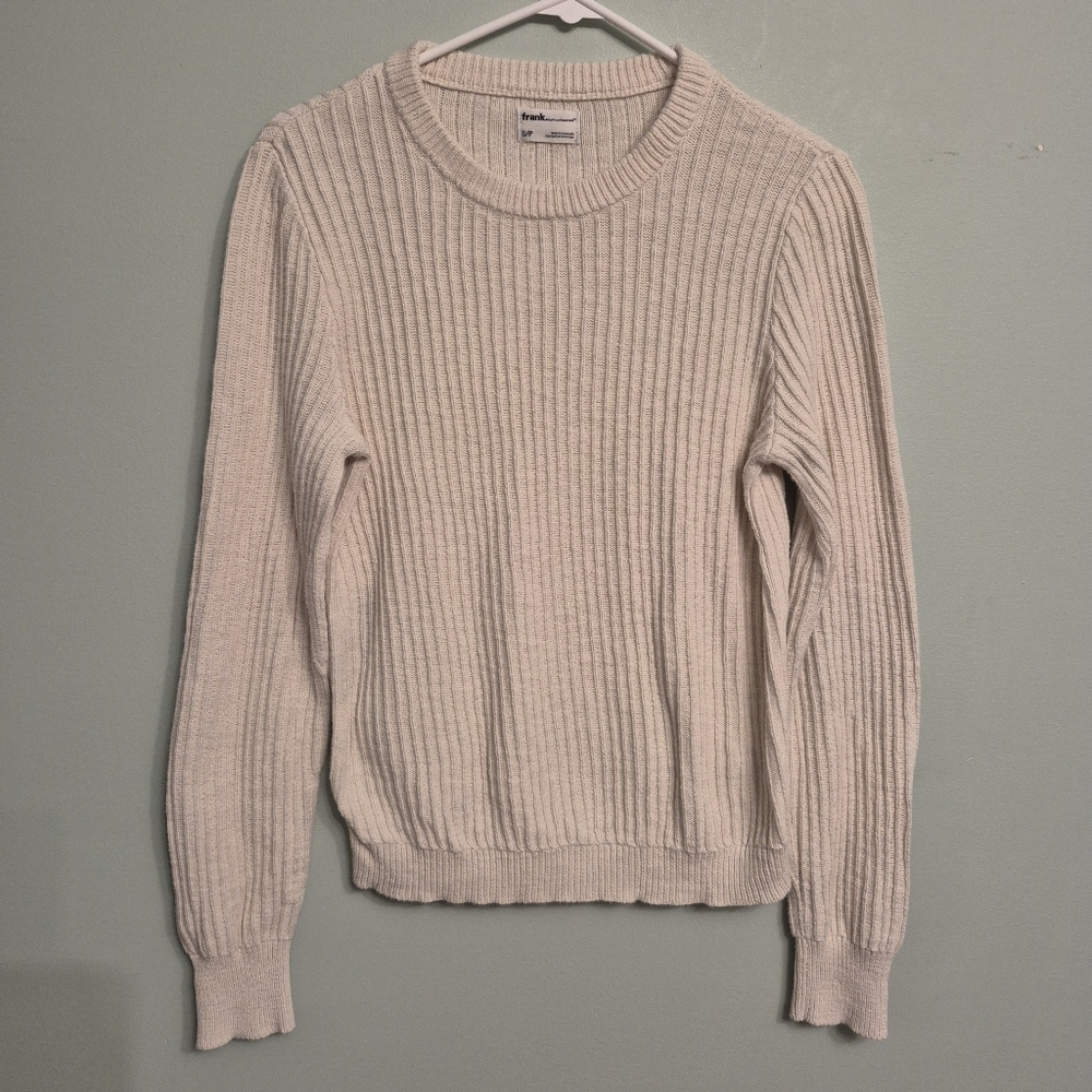 Frank + Oak Women's Neutral Minimalist Cream Ribbed Knit Crewneck Swetaer Size S - Picture 2 of 5
